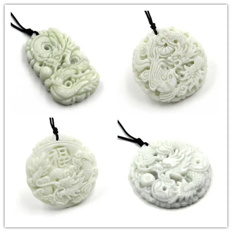 Women Fashion Drawing - Natural White jade Dragon Phoenix Pendant