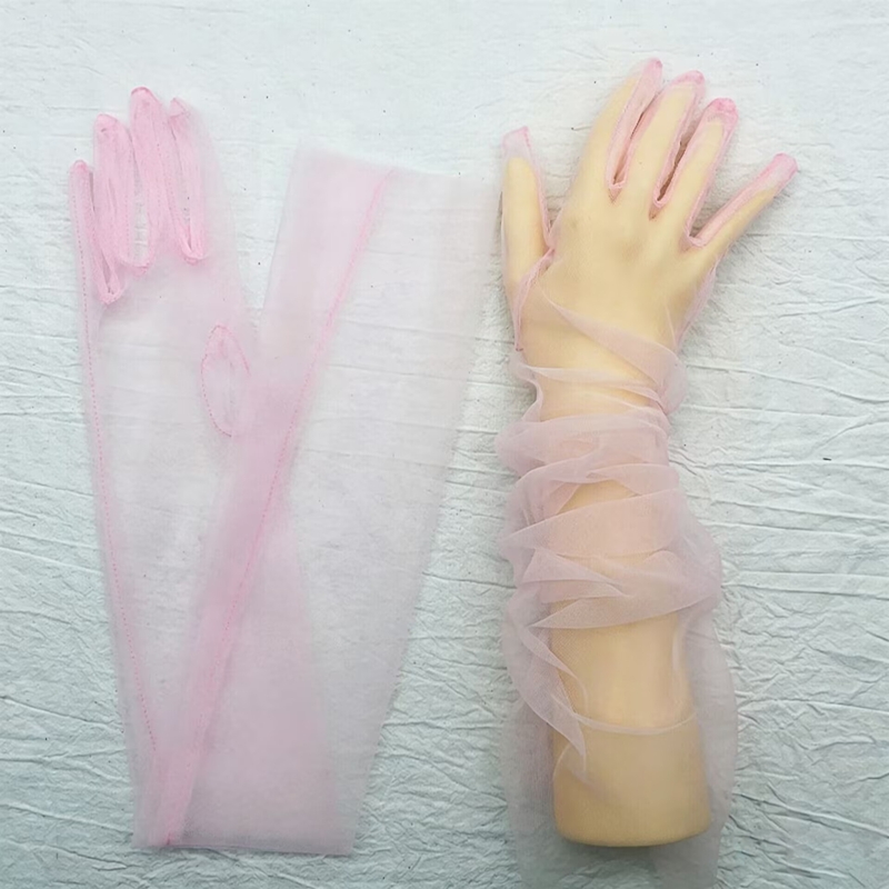 Women Fashion Photoshoot - Solid Color Transparent Tulle Long Gloves